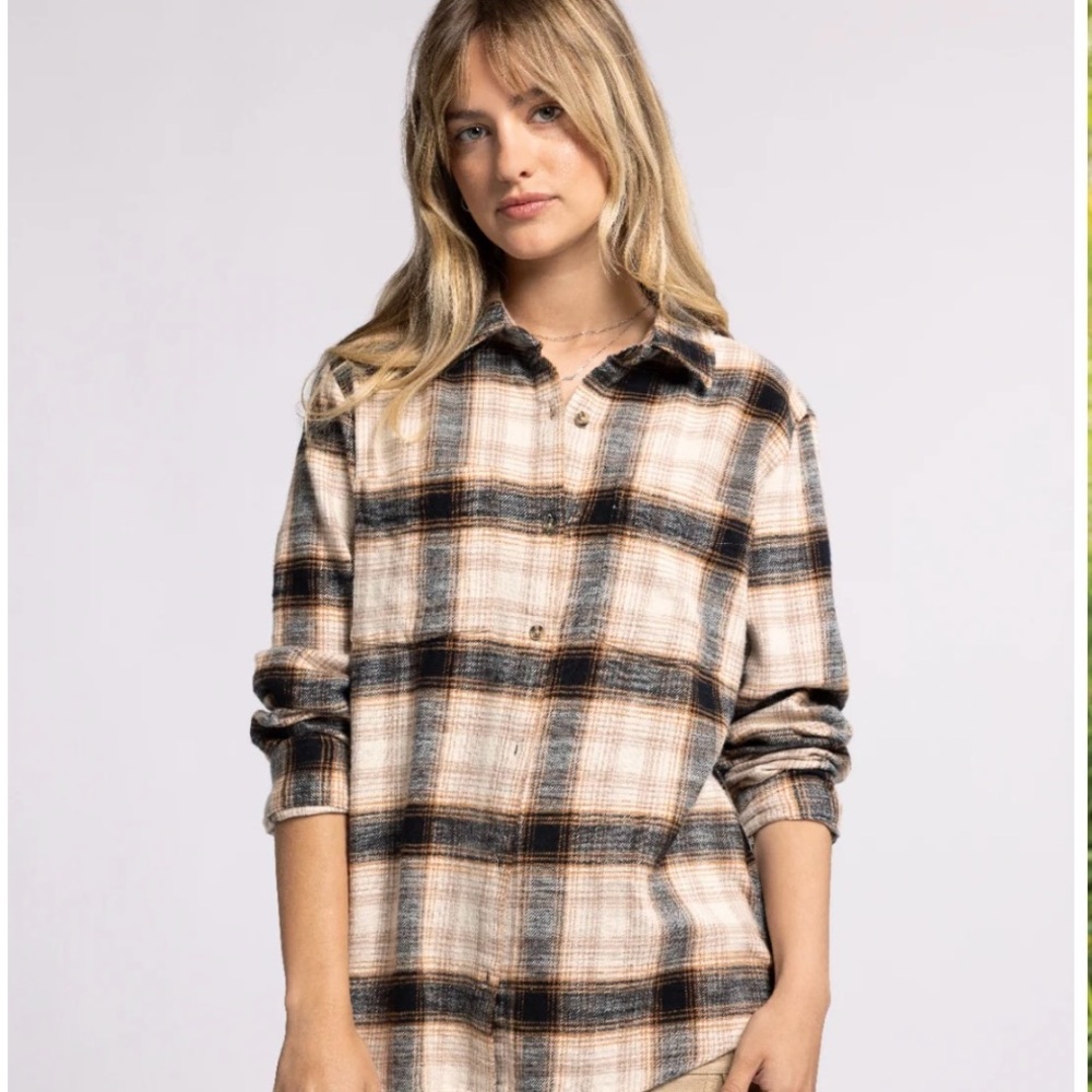 Thread & Supply Plaid Button-Down Shirt in Black, Cream, and Tan
